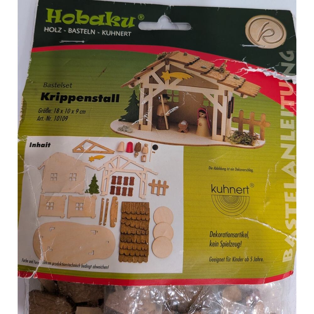 Vintage Hobaku Kuhnert Wooden Nativity Stable Craft Kit 10109 Germany Krippensta